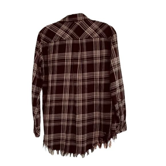 BeachLunchLounge Flannel Button Down Shirt Black White Plaid Distressed Raw Hem - Picture 3 of 7